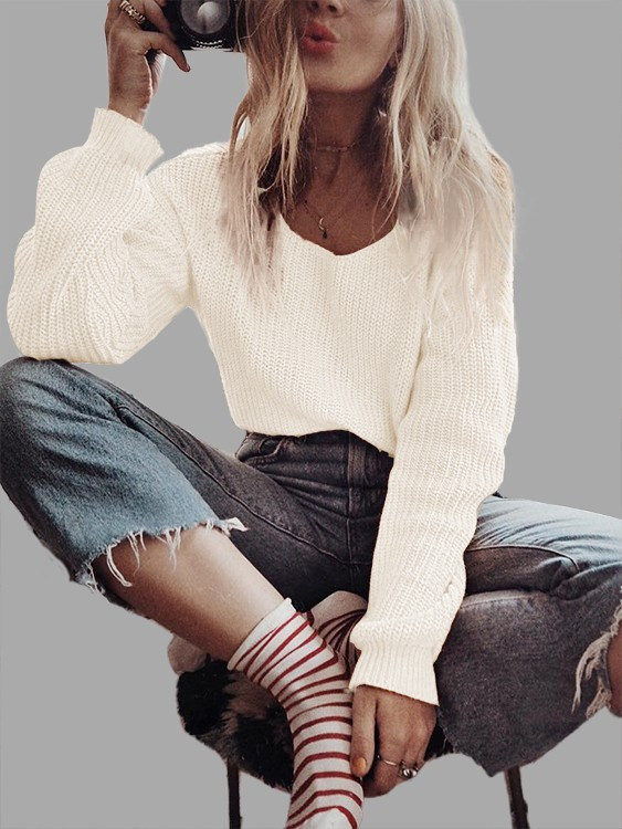 White Knitting One Shoulder Long Sleeves Sweaters | YOINS