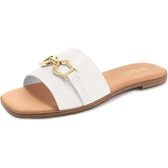 Rihero Women's Flat Sandals Summer Comfortable Square Open Toe Slip On Leather Slide Sandals | Amazon (US)
