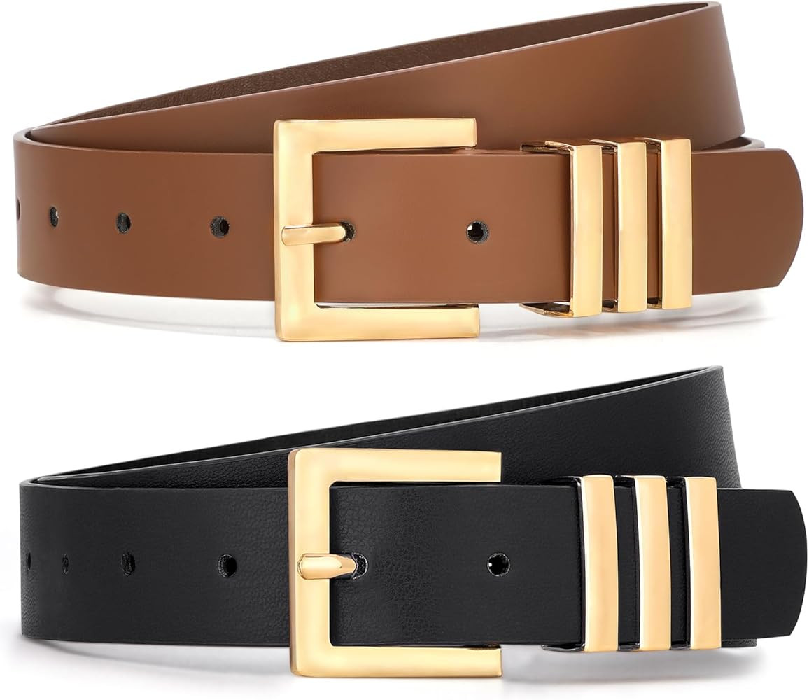 WHIPPY 2 Pack Women's Leather Belts Fashion Square Gold Buckle Ladies Belt for Jeans Pants Dress Black+Coffee S | Amazon (US)