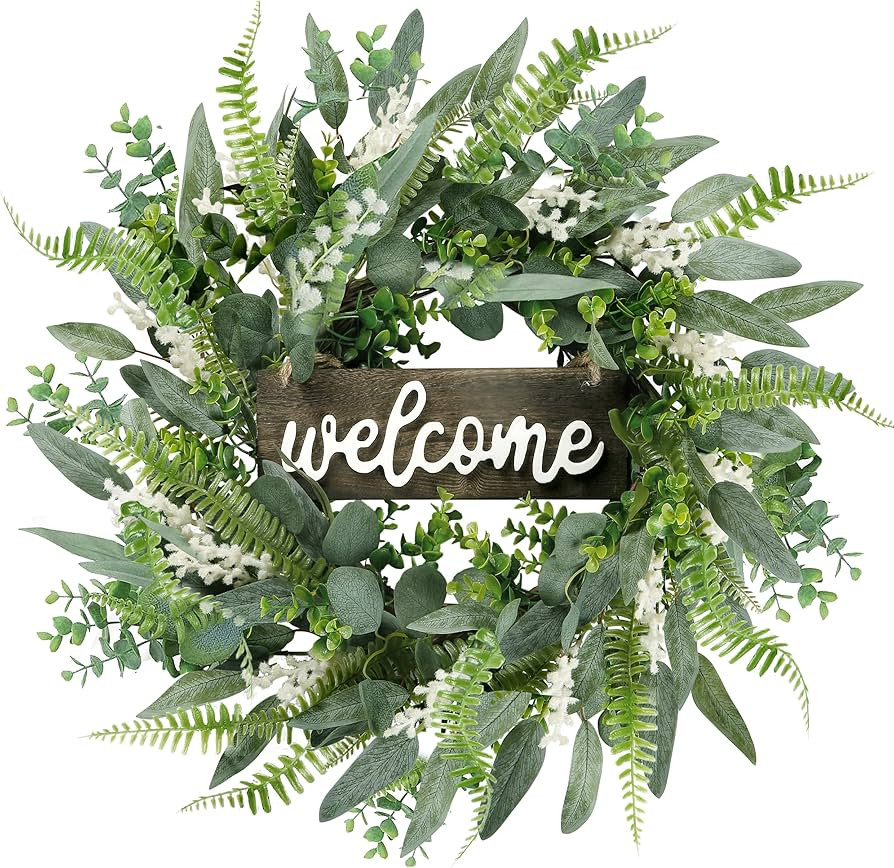 Sggvecsy Green Artificial Eucalyptus Wreath with Welcome Sign 20in Mixed White Berries Spring Sum... | Amazon (US)