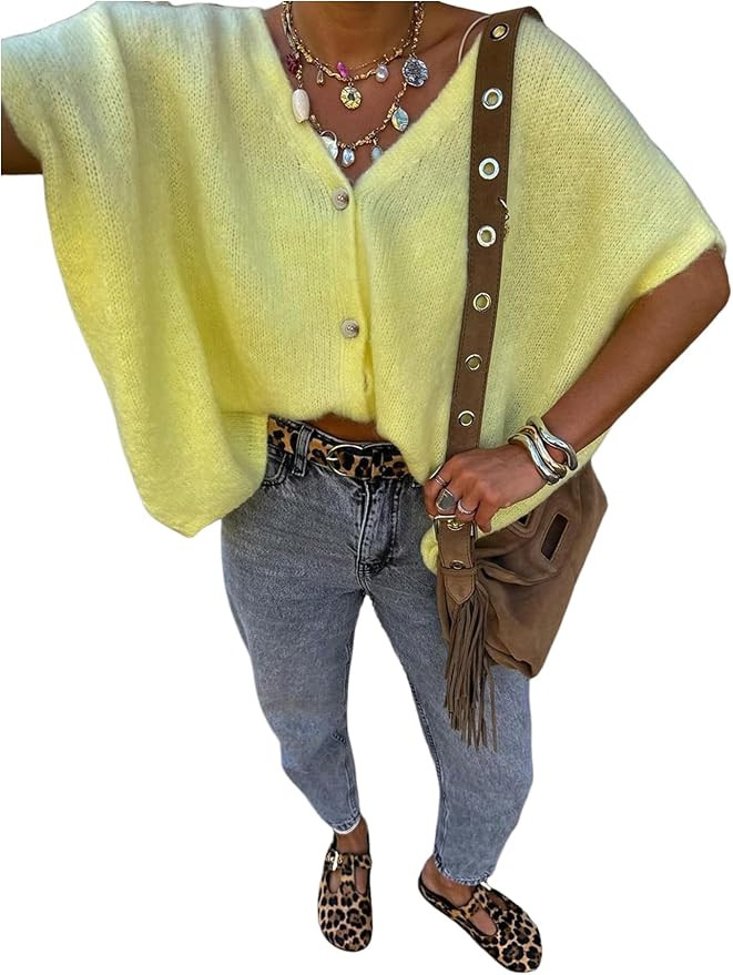 GORGLITTER Women's Oversized Button Up Cardigan Sweaters Short Sleeve V Neck Casual Fall Knit Top... | Amazon (US)