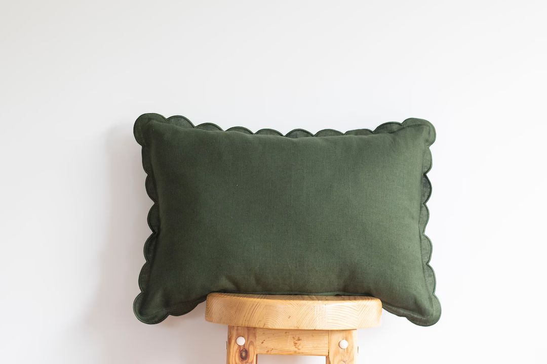 Dark Moss Green Lumbar Linen Scalloped Edge Pillow Cover 12x18'' or 16x21'' Size - Etsy | Etsy (US)