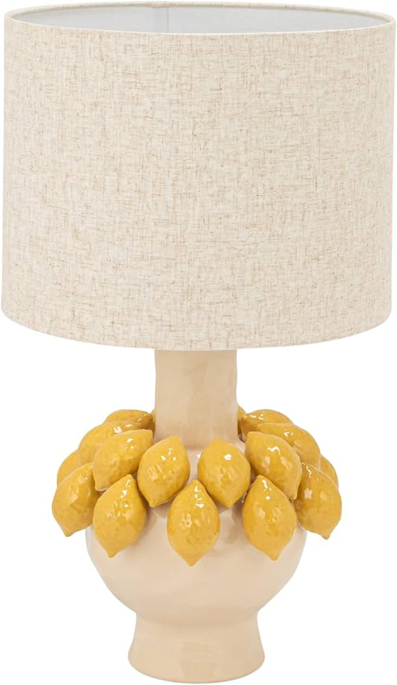 Creative Co-Op Handmade Stoneware Table Lamp with 3D Lemons and Linen Shade, Yellow and Cream | Amazon (US)