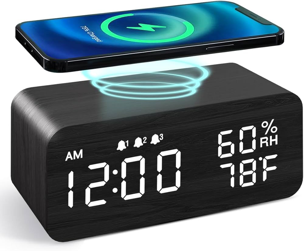 JALL Wooden Digital Alarm Clock with Wireless Charging, Dimmable, Adjustable Volume, 3 Alarms, We... | Amazon (US)