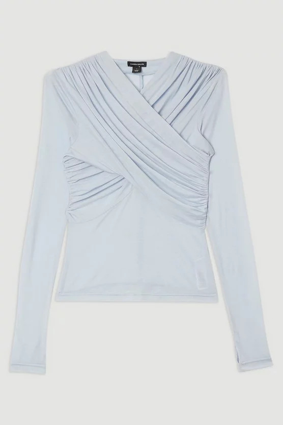 Premium Tencel Jersey Wrap Detail Long Sleeve Top | Karen Millen UK + IE + DE + NL