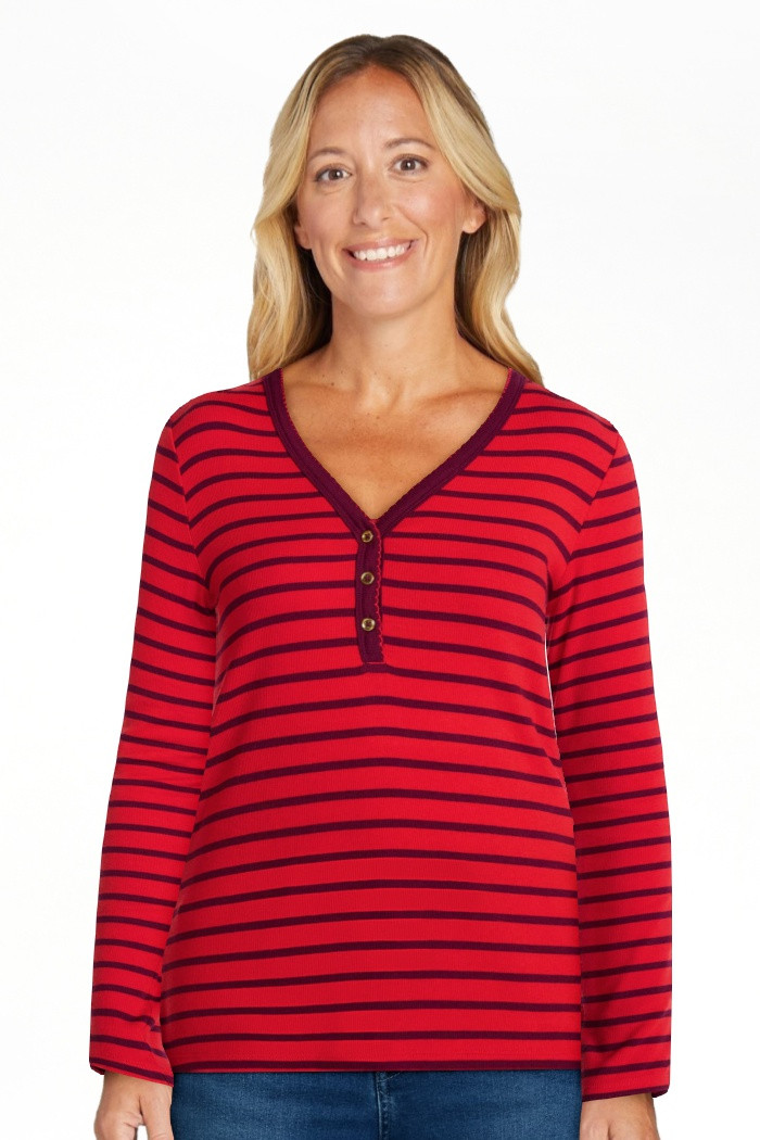 Scenario Women's and Women's Plus Striped Henley Shirt with Long Sleeves, Sizes XS-4X | Walmart (US)
