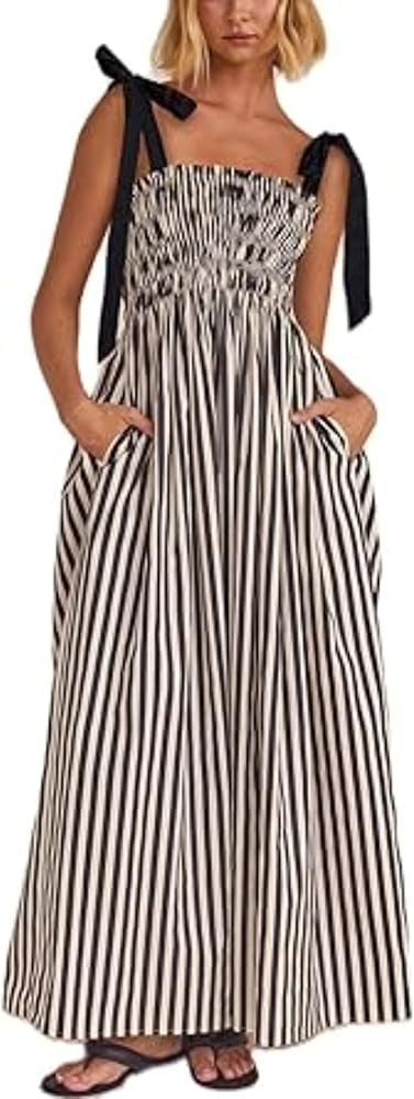 Boho Flowy Summer Dresses Sundresses for Women 2024 Floral Smocked Off Shoulder Tie Strap Tiered ... | Amazon (US)