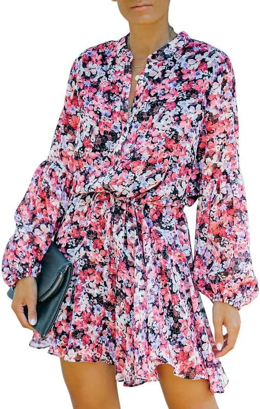 Clarisbelle Women's Long Sleeves Button up Tie Waist Floral Chiffon Dress | Amazon (US)