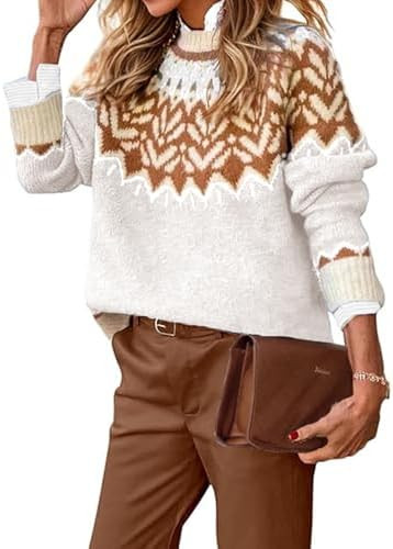 EARKOHA Women's Casual Mock Neck Ribbed Sweater Pullover 2025 Fall Long Sleeve Print Fair Isle Sw... | Amazon (US)