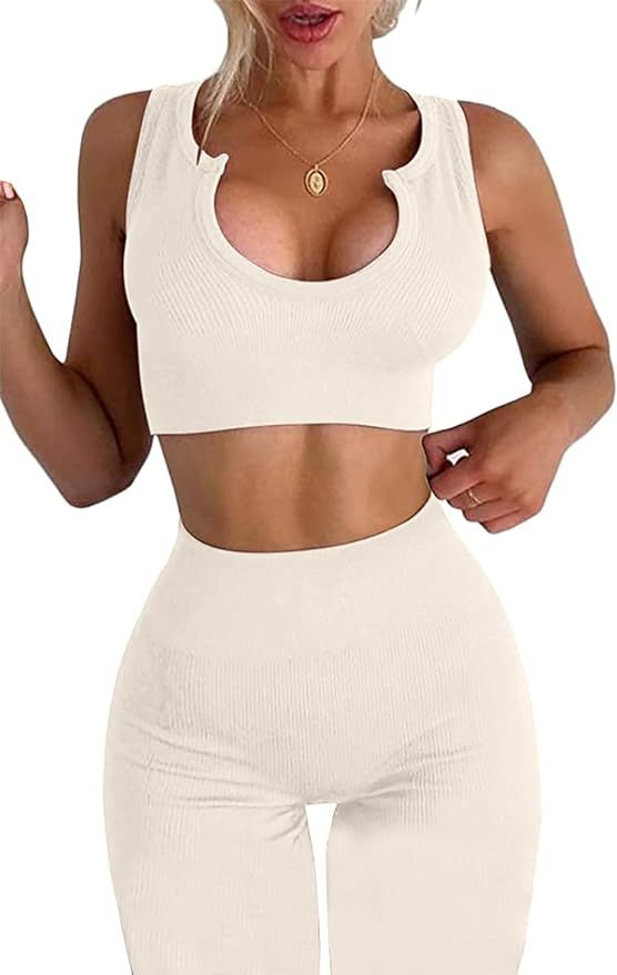 TWFRHC Women's Workout Sets Ribbed Tank 2 Piece Seamless High Waist Gym Outfit Yoga Shorts Sets | Amazon (US)