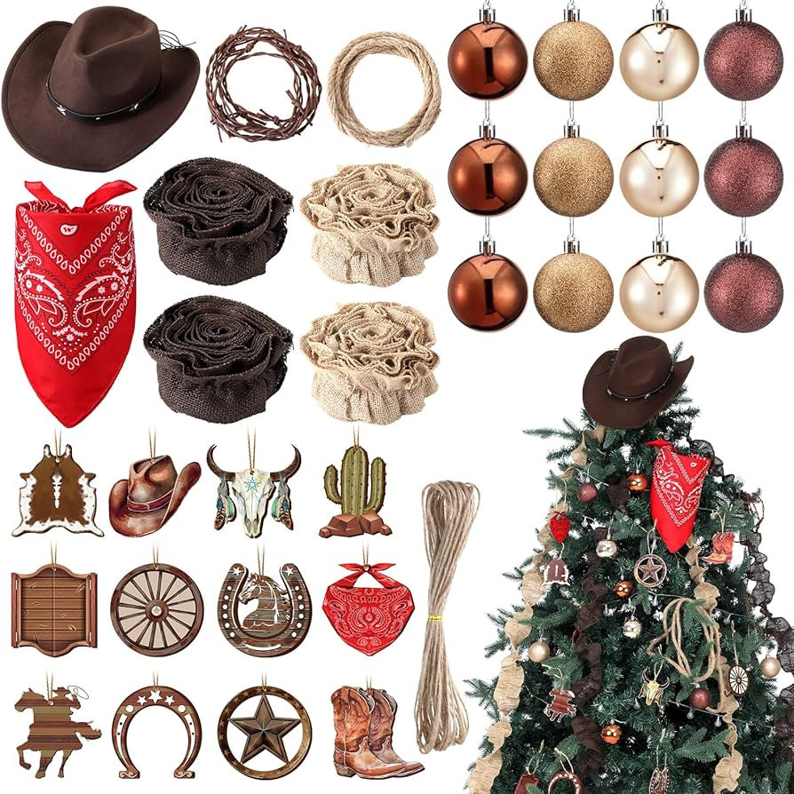 Syhood 32 Pcs Western Christmas Tree Ornaments Wooden Hanging Western Cowboy Hat Decorations Fake... | Amazon (US)