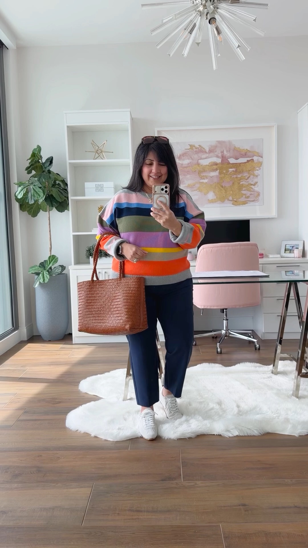 Aren’t these colors so bright, fun and happy?! Love this color combo on this cotton crewneck sweater. Perfect for spring  outfits and cool summer nights. Paired it with these amazing pants from Athleta and a cute pair of low profile sneakers. Added this woven tote bag which is great for everyday wear and makes a really nice work bag too that can hold your laptop and any other work related items. 

Boden striped sweater size large. Athleta white tee size XL. Athleta navy pants size 12 Petite. Dolce Vita sneakers. If in between sizes, size up. Madewell woven tote bag. 

Spring outfits 2026, summer outfits, work outfits, business casual workwear, weekend outfit, work from home outfit, casual everyday outfit, travel outfit 

#LTKTravel #LTKOver40 #LTKootd