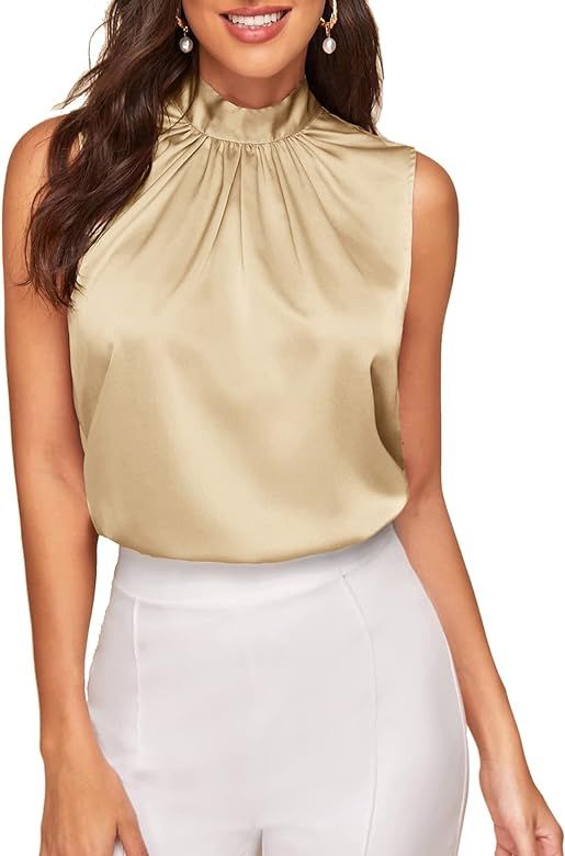 Verdusa Women's Elegant Tie Back Sleeveless Pleated Mock Neck Satin Blouse Top | Amazon (US)