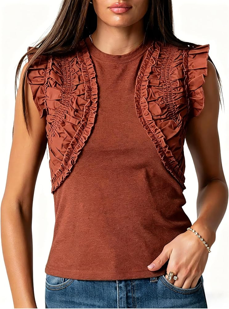 Women's Ruffle Tank Top Crew Neck Sleeveless Ruched Ruffle Blouse 2026 Summer Casual Shirt Tops | Amazon (US)