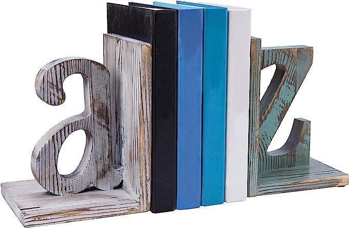 MyGift Shabby Chic Vintage White & Blue Wood Alphabet Bookends | Amazon (US)