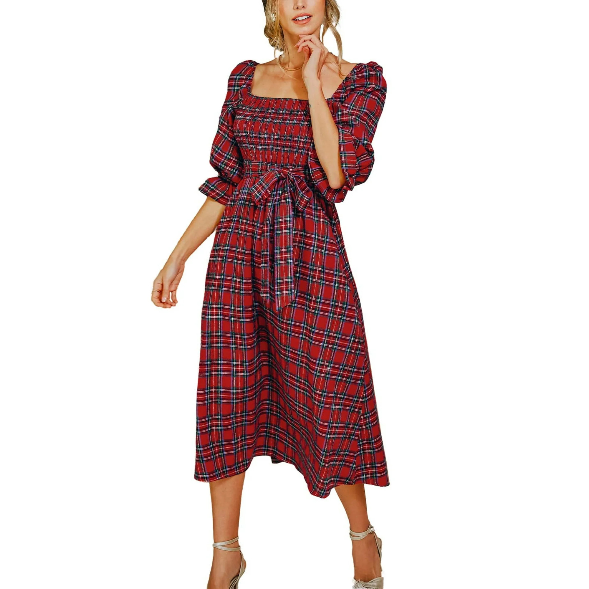 Cupshe Women's Elegant All-weather Dress Square Neck Belted Tartan Plaid Maxi Length | Walmart (US)