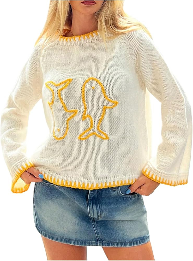SHENHE Women's Oversized Graphic Pullover Sweater Crew Neck Cute Soft Knitted Sweater | Amazon (US)