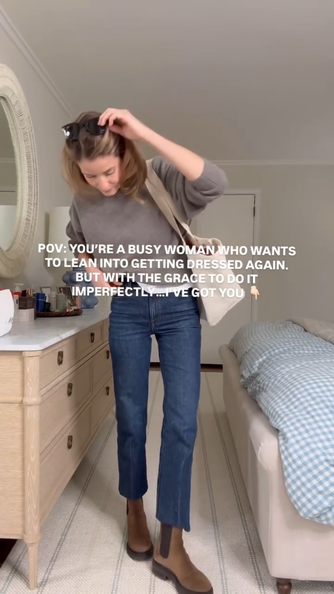 This time two years ago, I set the goal for myself to get out of my gym clothes and start the day by getting dressed again. When I started, I was completely overwhelmed by the new denim silhouettes, new styles/ trends, figuring out how to dress for my new body, and finding clothes that fit my daily lifestyle. As a mom-both on and off duty.

🌀When I started to share my journey, I felt like I was the only one who let myself slip into doing life in leggings, and honestly, I was mortified sharing my reality here. I felt like everyone else around me had their sh*t together, so I was blown away (and so encouraged!!) hearing from all of you that are in a similar chapter of life ❤️🫶🏻

〰️ My goal is to share in a way that’s meant to encourage and inspire you, one step/day at a time. And above all, I hope to give us all grace to do it imperfectly. Because some days we don’t have the time, energy or opportunity to think about what we are putting on 😉

✨ So if you’ve just found me, hii!! 👋 I hope you’ll choose to follow along! I aim to share effortless everyday outfit inspiration that’s comfortable and practical but still makes you feel put together!

🍒 And to everyone who is already a special part of this community, thank you SO SO MUCH for being here!! While I’ve loved starting the day by getting dressed again in so many ways, one of my greatest joys of this whole experience has been hearing from *you* and getting to cheer each other on along the way. 🤍 

Let’s rebuild the habit of getting dressed together! 👯✨

💫 I wore these jeans all break and just can’t stop reaching for them, my tee is *so, so* good and only $15 and my luxe super soft sweater is under $175 and truly goes with any and everything. 

Sizing notes: tee - wearing a size medium, sweater - wearing a size small, jeans - wearing my true size 25 in legend in short (I'm 5’6” for ref but it comes in regular and long!) 

#ootd #outfitinspiration #outfitoftheday #momstyle #atomichabits

#LTKgrwm #LTKootd #LTKSeasonal