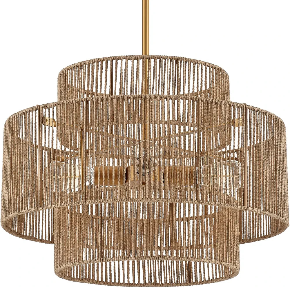 24” Boho Hand Woven Rattan Chandelier 3 Round Adjustable 4-Light Large Pendant Light for Kitche... | Amazon (US)