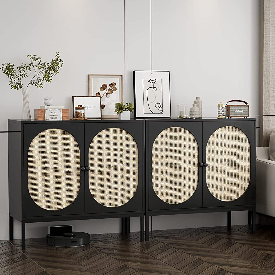 IKIFLY Set of 2 Accent Storage Cabinet with Handmade Natural Rattan Doors - Rattan Sideboard Buff... | Amazon (US)