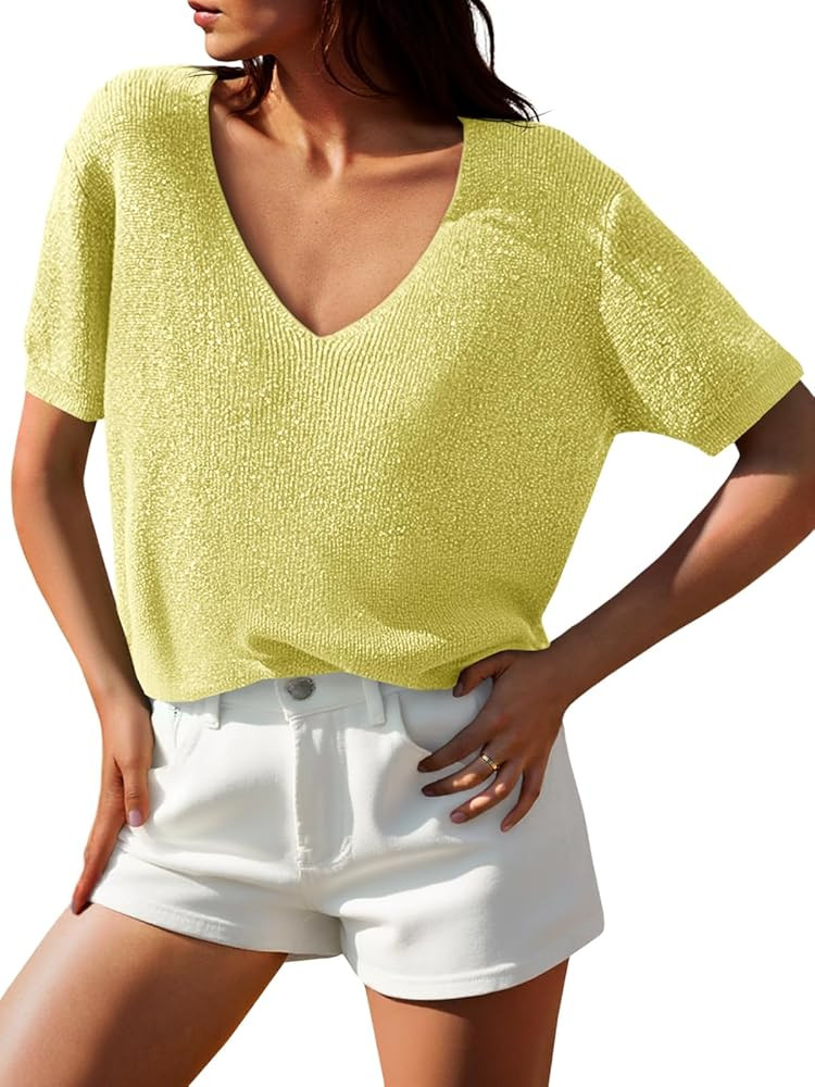 Saodimallsu Womens Short Sleeve Sweater Tops Glitter V Neck Lightweight Casual Summer Loose Knit ... | Amazon (US)