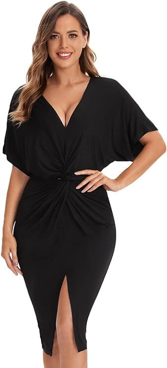 Floerns Women's Short Sleeve V Neck Twist Front Split Midi Dress | Amazon (US)