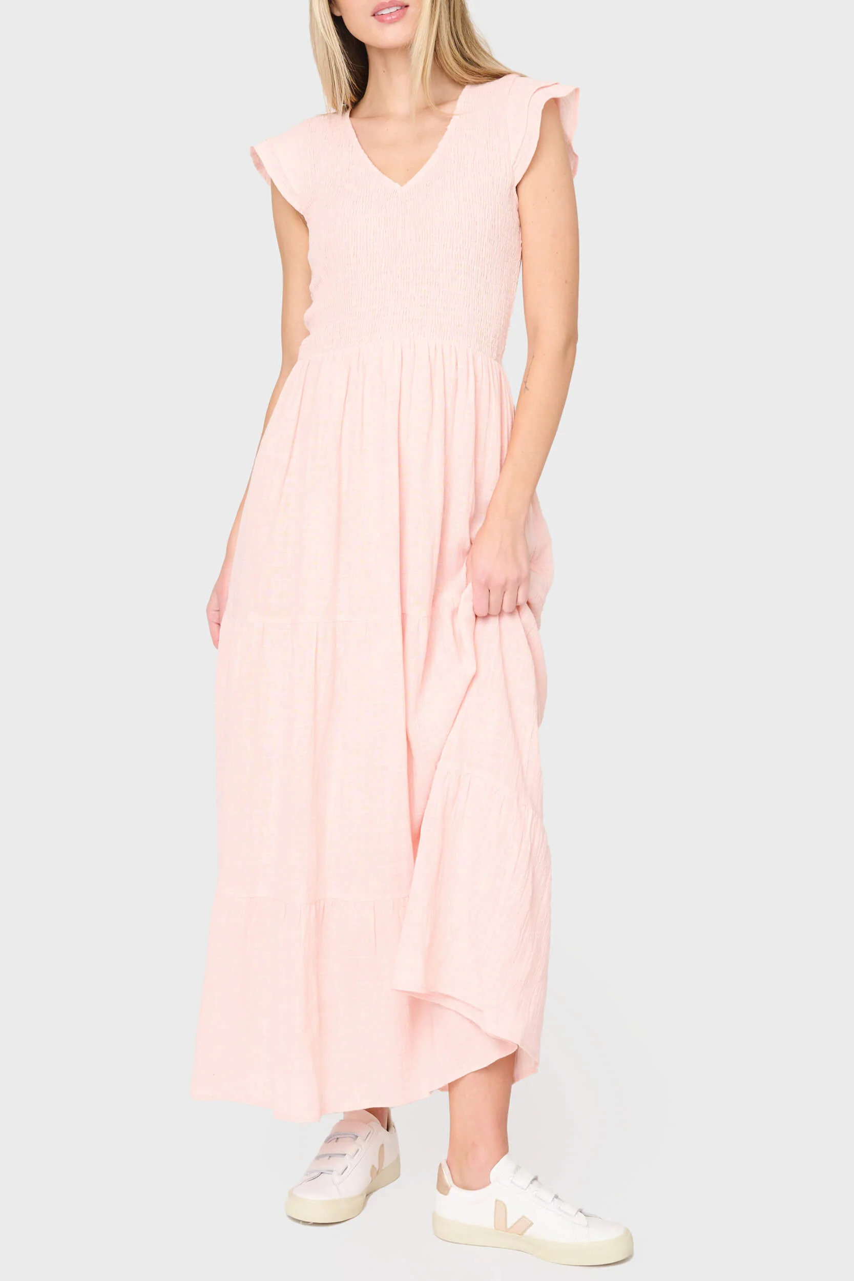 Pink Flutter Sleeve Smocked Maxi Dress | Tiered Cotton V-Neck | Gibsonlook