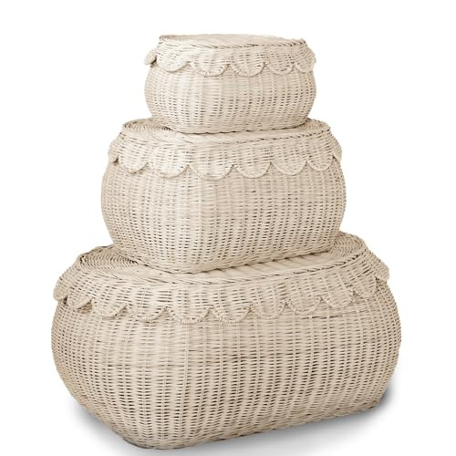 BEBE BASK Large Scalloped Basket Set Of 3 - Hand-Woven & Award-Winning Scallop Basket - XL - Extra Large for Blankets 22 x 16 x 10 In - Elegant Wicker With Scalloped Edge Lid (Natural) | Amazon (US)