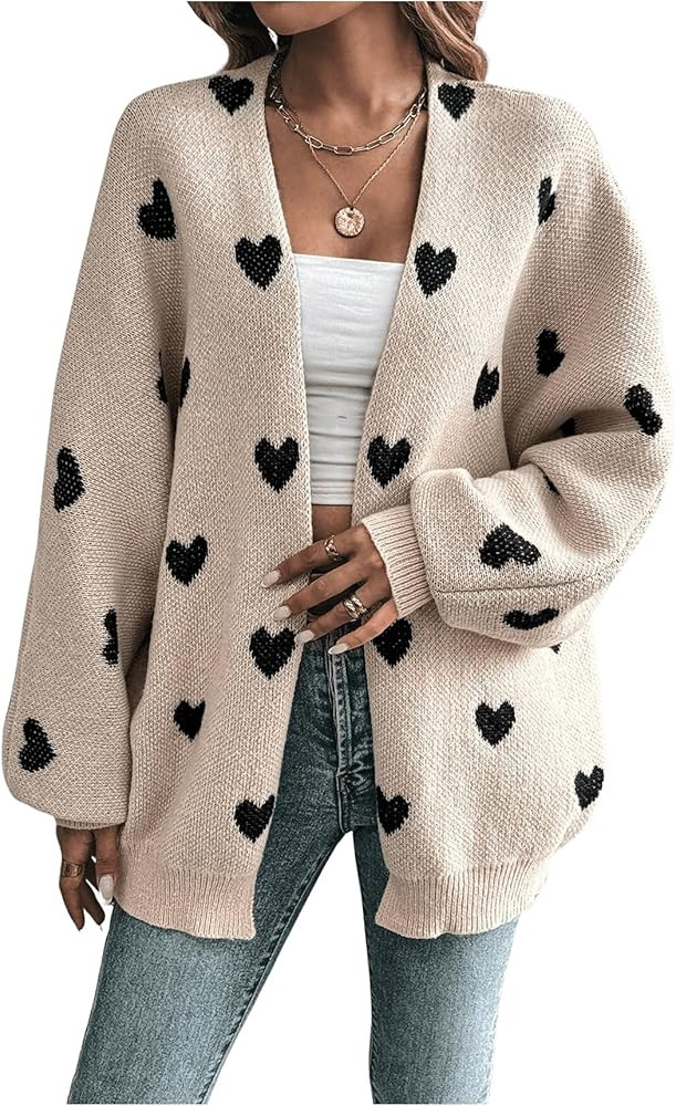 WDIRARA Women's Heart Print Open Front Cardigan Sweaters Lantern Long Sleeve Loose Knit Outerwear | Amazon (US)