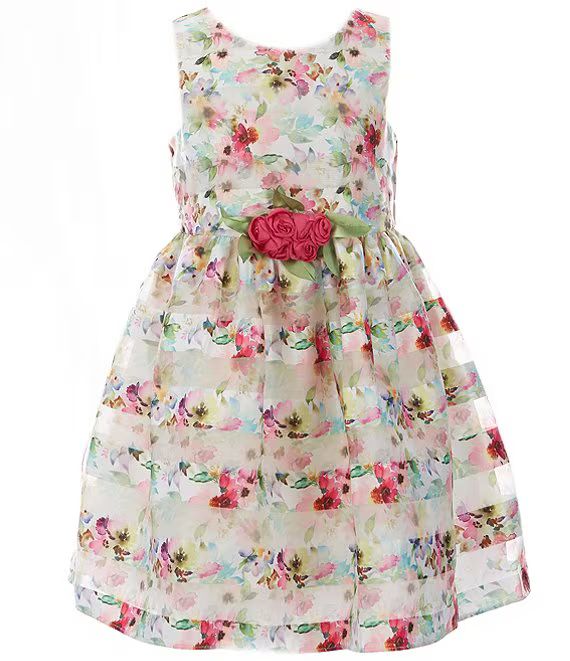 Little Girls 2T-6X Sleeveless Floral/Shadow-Stripe Fit-And-Flare Dress | Dillard's