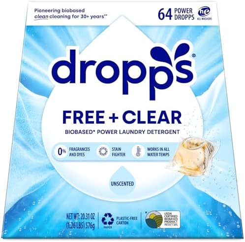 Dropps Free + Clear Biobased Power Laundry Detergent Pods, Unscented (64 Count) - HE Compatible L... | Amazon (US)