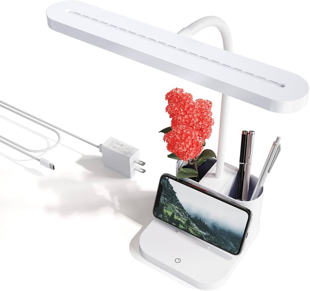 AXX White Desk Lamp for College Dorm Room, Cute, LED, Dimmable, Small, Pen Holder, Flexible Goose... | Amazon (US)