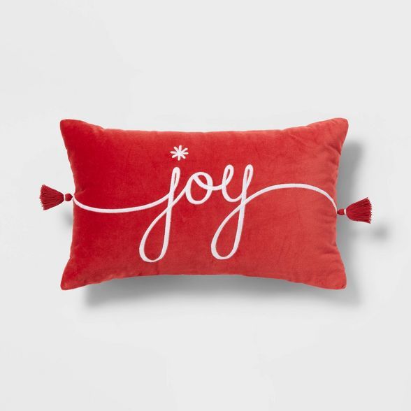 Joy' Velvet Embroidered Lumbar Christmas Throw Pillow Red/Ivory - Threshold™ | Target