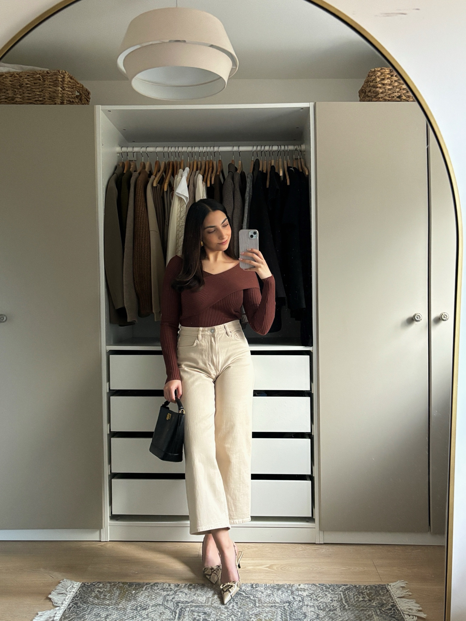off the shoulder top, v neck top, criss cross top, wrap neck top, brown top, ribbed top, orange top, cream jeans, petite wide leg cream jeans, snake print heels, kitten heels, pointed heels, black mini bag, leather bag, gold detail bag, mango, h&m, rihoas

#LTKSeasonal #LTKfindsunder50 #LTKstyletip