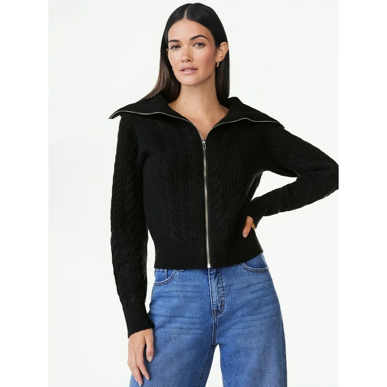 Scoop Women's Long Sleeve Zip Cable Knit Cardigan Sweater, Sizes XS-XXL - Walmart.com | Walmart (US)