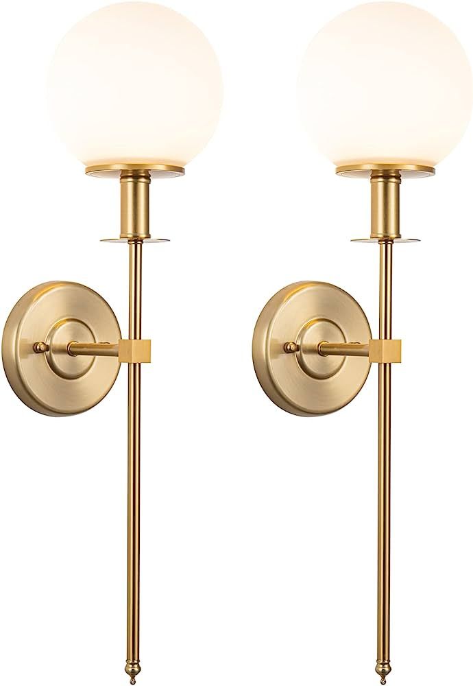Battery Operated Wall Sconces Set Of 2,Gold Battery Powered Wall Lights,White Glass Globe With Re... | Amazon (US)