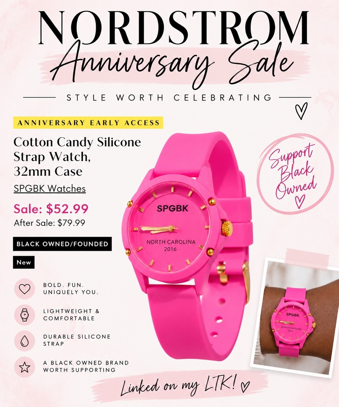 🖤 The Nordstrom Anniversary Sale just got even better!

I’m always excited to discover Black-owned brands during the sale, and this one is definitely worth adding to your cart.

💗 SPGBK Cotton Candy Watch – the perfect pop of color for everyday outfits.

Will you be adding this cutie to your cart?

#NordstromAnniversarySale #NordstromStyle #LTKStyle #LTKSale #BlackOwnedBusiness #SupportBlackOwned #WearWhatYouLove

#LTKSaleAlert