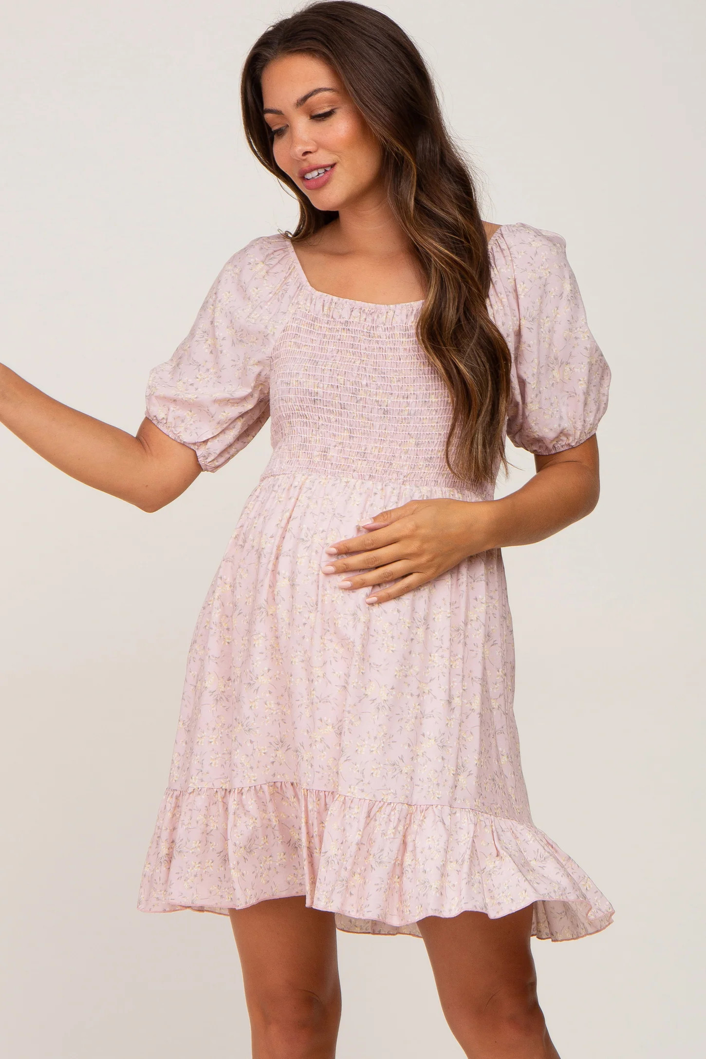 Light Pink Floral Smocked Puff Sleeve Maternity Dress | PinkBlush Maternity