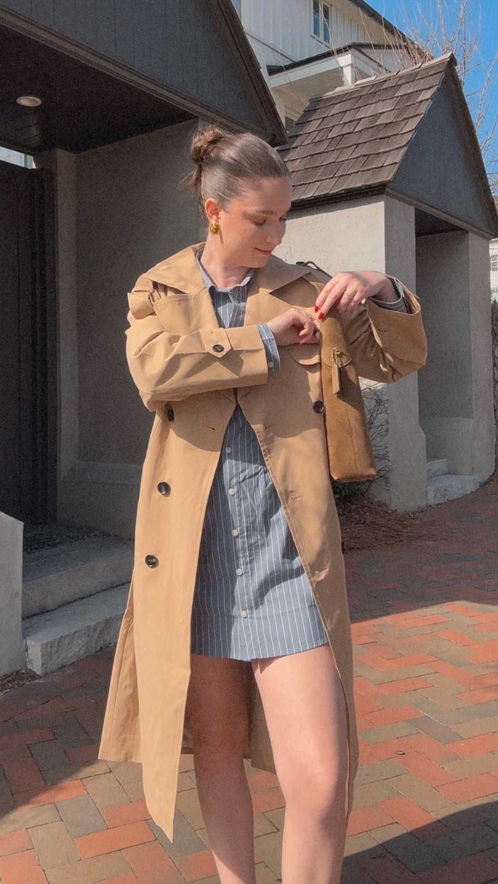 Spring fashion, mini striped dress, trenchcoat, layering style, chunky gold earrings, statement accessories, ballet flats, casual chic, seasonal trends, outfit inspiration, stylish spring look, fashion essentials, daytime outfit, trendy spring attire, Abercrombie finds, Abercrombie mini dress, Abercrombie spring new arrivals, coach handbag, suede tote bag, suede handbag, close toed flats, tortoise earrings, cat eye sunglasses, spring outfit in spa, spring lunch, date outfit info 

#LTKSeasonal #LTKMostLoved #LTKShoeCrush