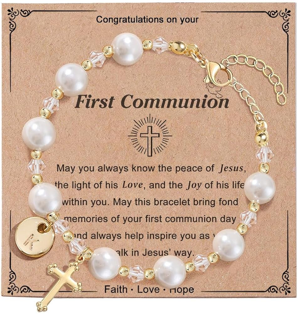 enasal Initial A-Z Letter First Communion Gifts for Girls, Rosary Pearl Cross Bracelet for Christ... | Amazon (US)