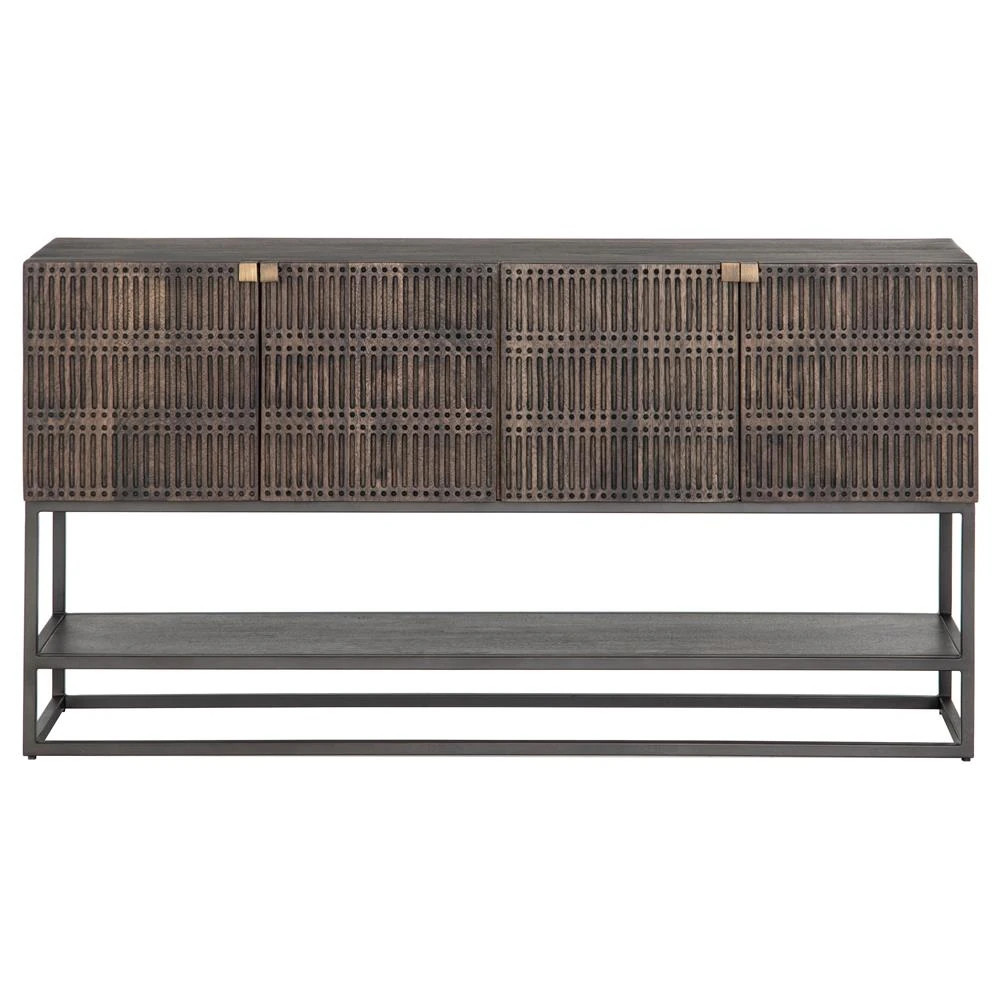 Madison Modern Classic Brown Mango Wood Black Iron Media Cabinet - 56" | Kathy Kuo Home