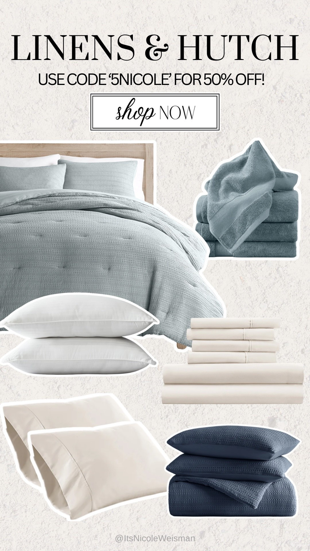If you’ve been wanting to refresh your bedroom, this is the perfect time! 🤍 I’ve been loving these Linens & Hutch finds, and you can use my code ‘5NICOLE’ for 50% OFF. From cozy bedding and buttery-soft sheets to pillows and towels, these are such great staples to have around the house.

#LTKHome #LTKSaleAlert