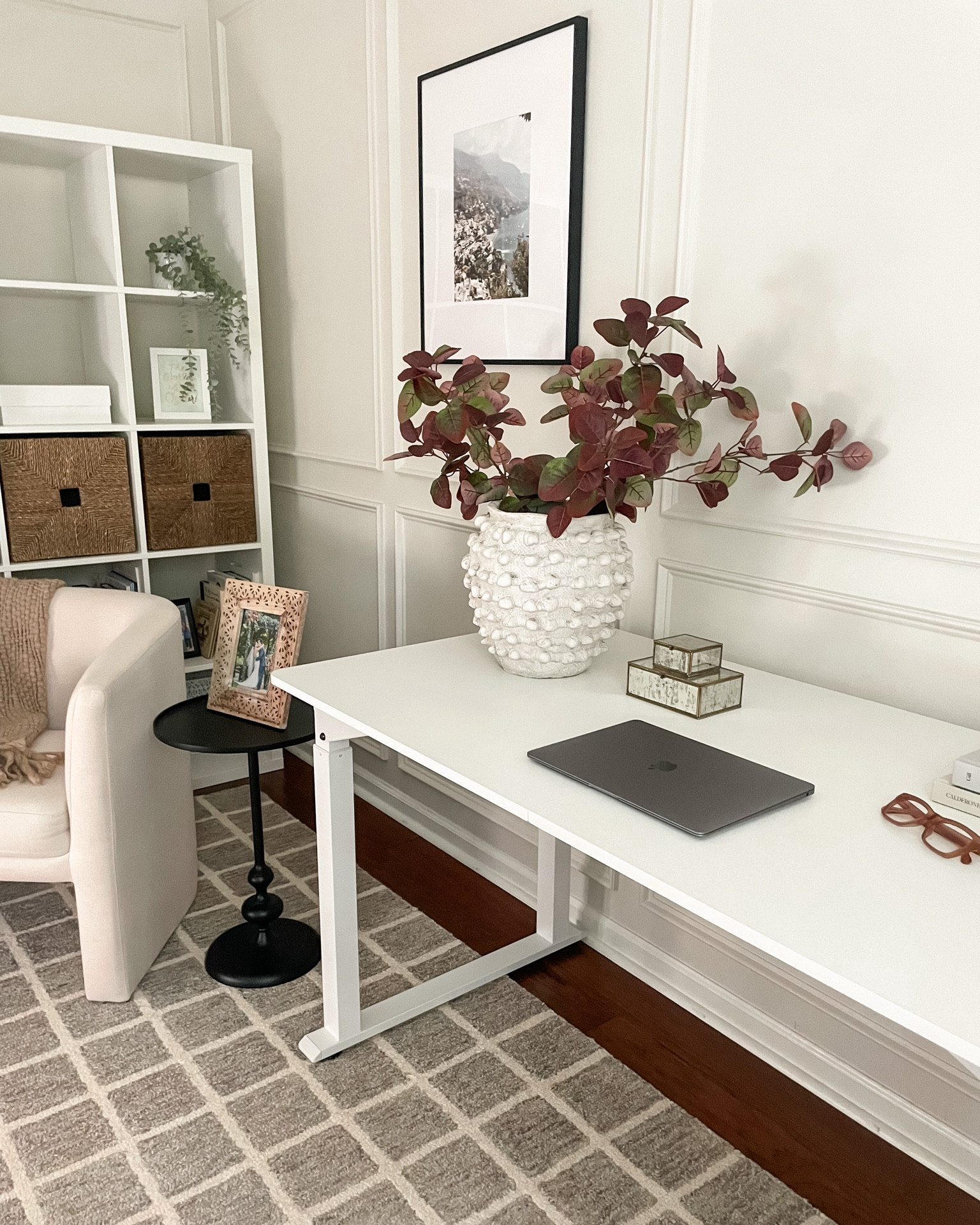 Home office. Standing desk. Vase. Accent chair. Side table. Area rug. Loloi. Storage basket  

#LTKhome