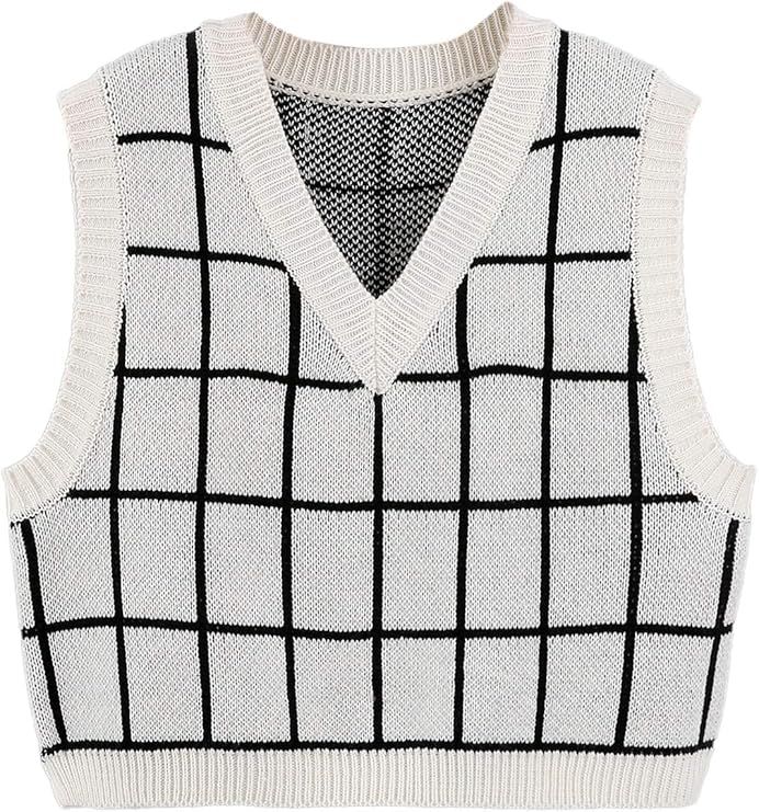 SheIn Women's V Neck Plaid Print Sweater Vest Sleeveless Rib-Knit Crop Tank Tops | Amazon (US)