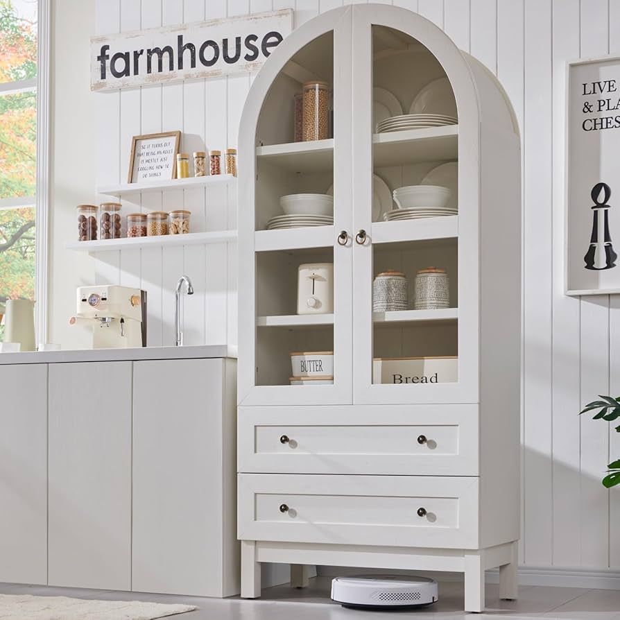 71" Tall Arched Kitchen Pantry, Modern Farmhouse Wood Kitchen Storage Cabinets with 2 Large Drawe... | Amazon (US)