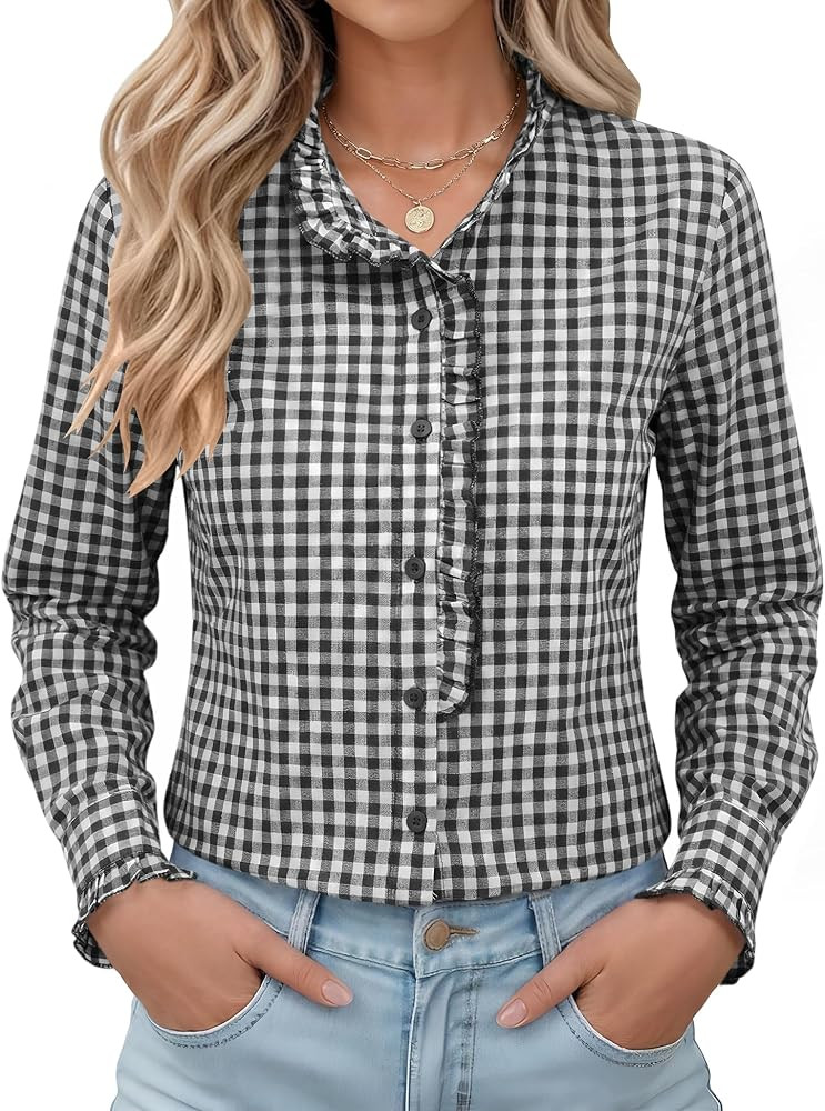 LOMON Button Down Shirts for Women Dressy Casual Long Sleeve Ruffle Blouses Office Tops Work Shir... | Amazon (US)