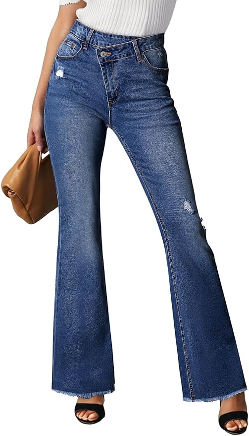 Sidefeel Women's Bell Bottom Flare Jeans High Waisted Stretchy Ripped Distressed Raw Hem Denim Pa... | Amazon (US)