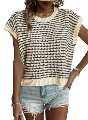EVALESS Women's Sweater Vest Striped Pullover Tank Top Round Neck Cap Sleeve Lightweight 2025 Sum... | Amazon (US)
