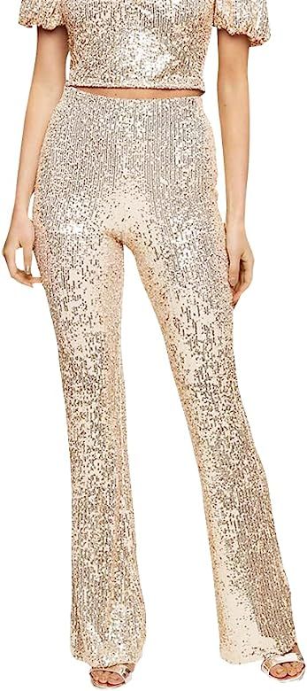 qfmqkpi Women's Sparkly Sequin Elastic Waist Glitter Wide Leg Long Palazzo Pants Shiny Trousers | Amazon (US)