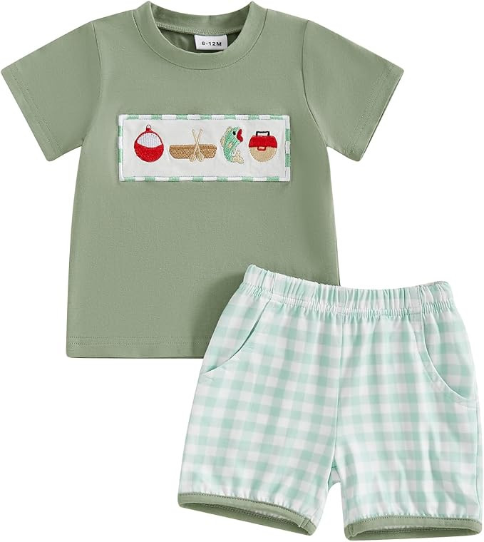Toddler Baby Boy Fishing Outfit Short Sleeve Crew Neck Shirt and Plaid Elastic Waist Shorts Set I... | Amazon (US)